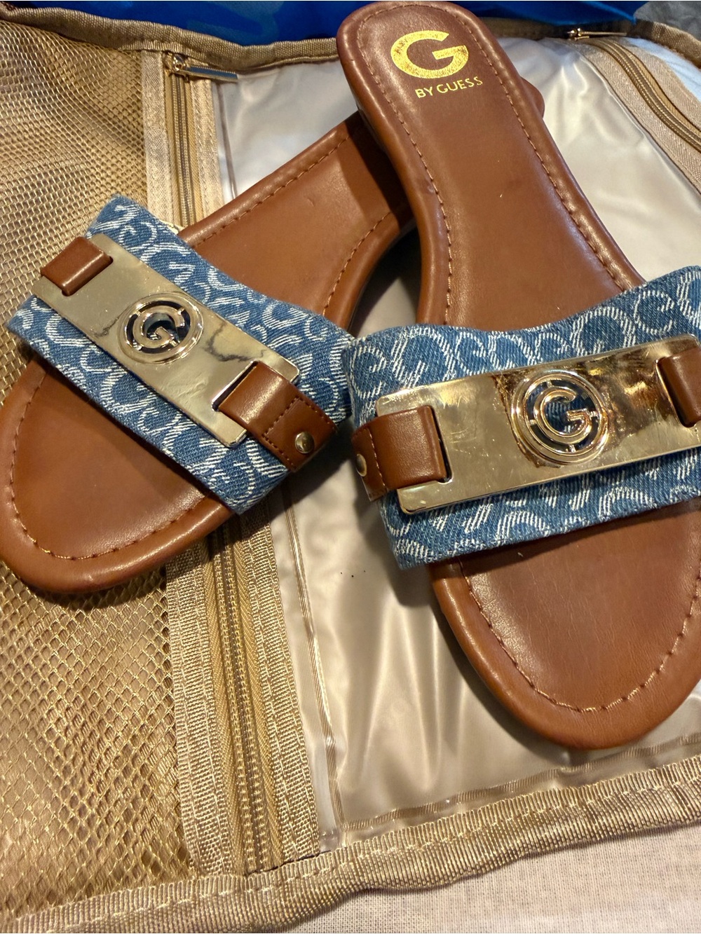 G by Guess Denim Strap Sandals with Brown Footbed